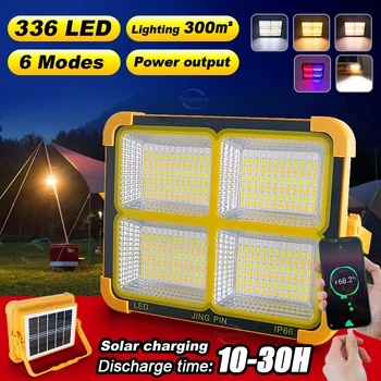 336 светодиодных портативных фонарей для кемпинга на открытом воздухе, солнечный и USB Перезаряжаемый прожектор, лампа для палатки, аварийное освещение, Функция Power Bank