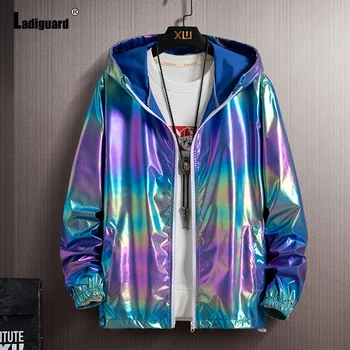 Ladiguard 2023 Модные светоотражающие куртки Kpop Для молодых мужчин, шикарные топы с капюшоном, Верхняя одежда, Большие Размеры 7XL, мужские Легкие пальто