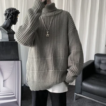 Осенне-зимний Мужской Повседневный пуловер с высоким воротом, мужской свитер с длинным рукавом и высоким воротом, модный Теплый вязаный свитер