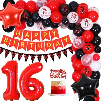 Украшения на 16-й День Рождения для мальчиков и девочек, красно-черный комплект гирлянд из воздушных шаров с бантиком для 16-летних вечеринок