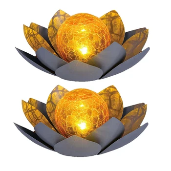 2X Солнечные лампы для наружного декора сада, Янтарный хрустящий глобус, Стеклянное украшение в виде лотоса, Водонепроницаемый металлический светильник в виде цветка (серый)