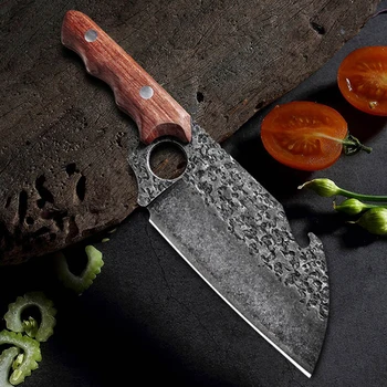 Кухонный нож для Разделки мяса с деревянной ручкой, Нож для Нарезки овощей, Нож для разделки мяса, Кованый Обвалочный Нож, Мясницкий Нож, Инструменты для приготовления пищи