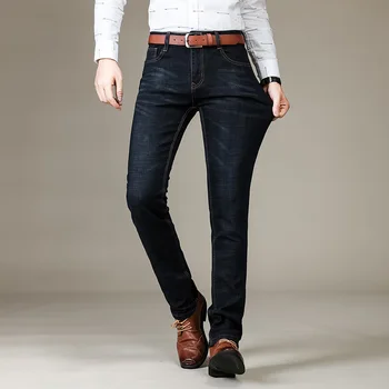 Брендовые деловые повседневные мужские классические хлопчатобумажные брюки, джинсы стрейч, мужские черные синие формальные джинсовые брюки обычной посадки, комбинезон для мужчин