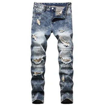 Винтажные обтягивающие джинсы, мужская уличная одежда с рваными отверстиями, хип-хоп, тонкая классическая простота, Большие размеры 28-42, Хлопковые джинсовые брюки