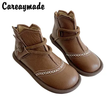 Careaymdae-Женские ботинки из натуральной кожи, женские повседневные ботинки, водонепроницаемые короткие сапоги в японском стиле с круглым носком в литературном стиле, женская обувь