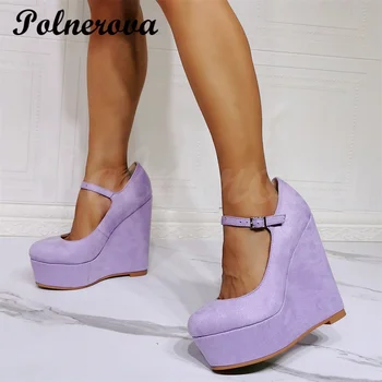 Однотонные босоножки на танкетке и высоком каблуке, Женские фиолетовые туфли на высоком каблуке для банкета с заклепками, Женские тонкие туфли Большого размера