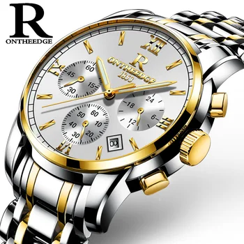 ONTHEEDGE Мужские наручные часы люксового бренда, Кварцевые мужские часы, Водонепроницаемые, полностью стальные, деловые часы с хронографом и календарем
