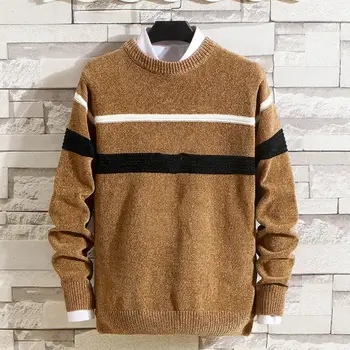 Свитер в полоску, подходящий по цвету, Стильный мужской свитер в полоску с принтом в стиле пэчворк, приталенный пуловер, вязаные топы на осень-зиму